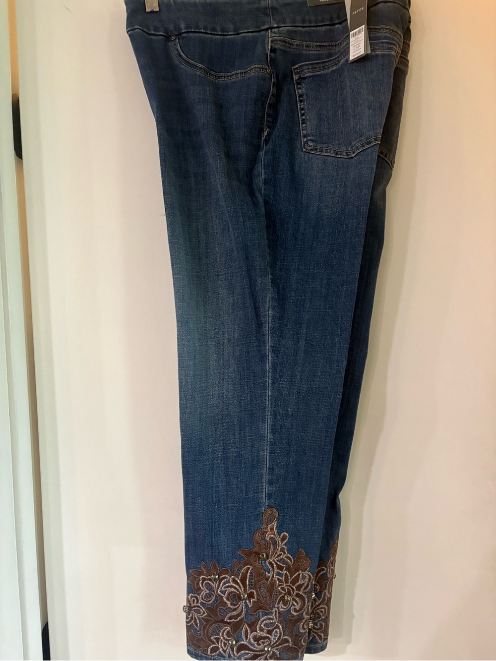 Chico's Dark Blue Straight Leg Jeans-Brown Floral Appliqué & Rhinestone Hem 2.5P